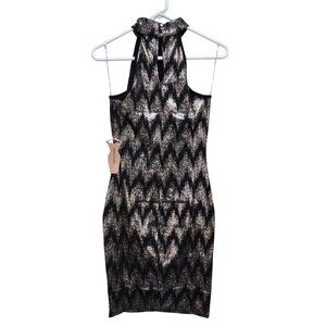 Chevron Print Bodycon Mini Dress Halter Neck Keyhole Back Haute Black Silver M